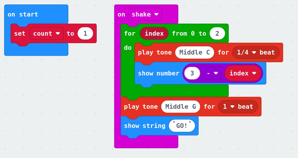 Makecode editor with on start and on shake blocks