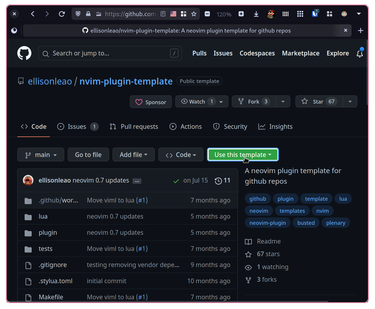 screenshot of nvim plugin template git repo, cursor hovers on "use this template"
