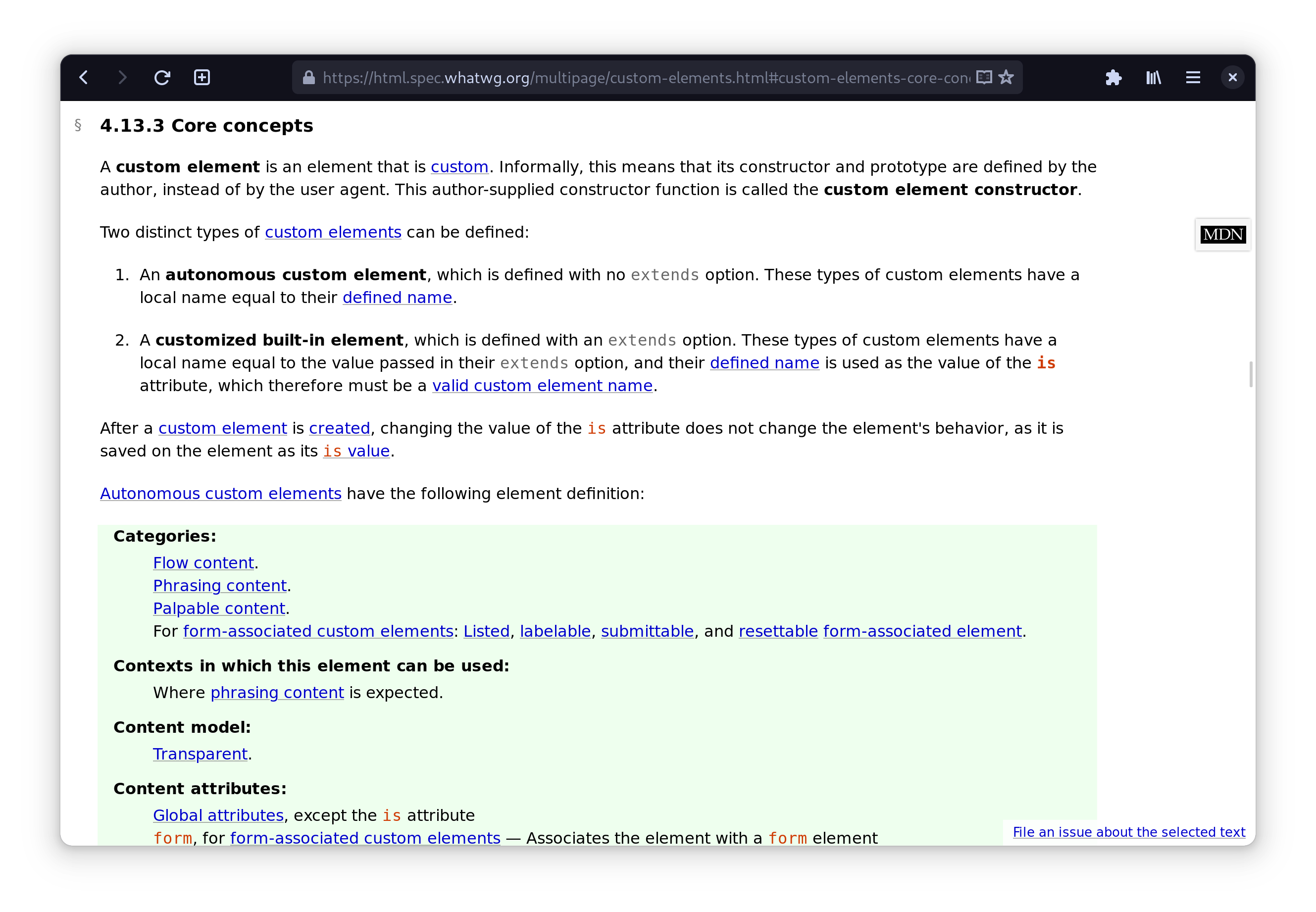 screenshot of custom elements spec on whatwg website