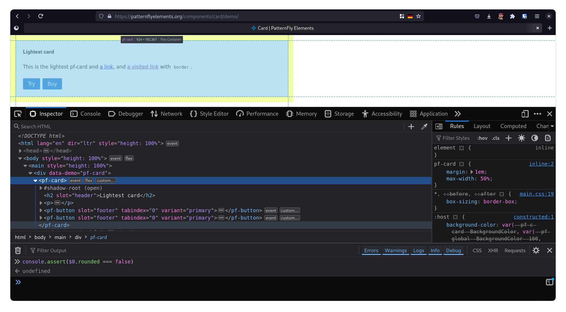 FireFox Developer Tools: console.assert($0.rounded === false)